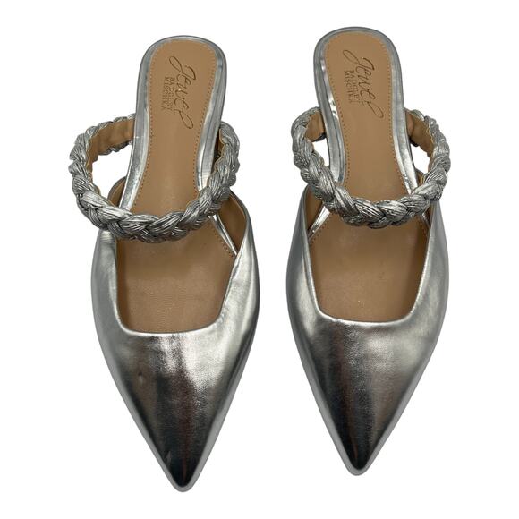 Jewel Badgley Mischka Braided Strap Pointed Toe Flat Mules Silver Size 6 - Picture 2 of 8